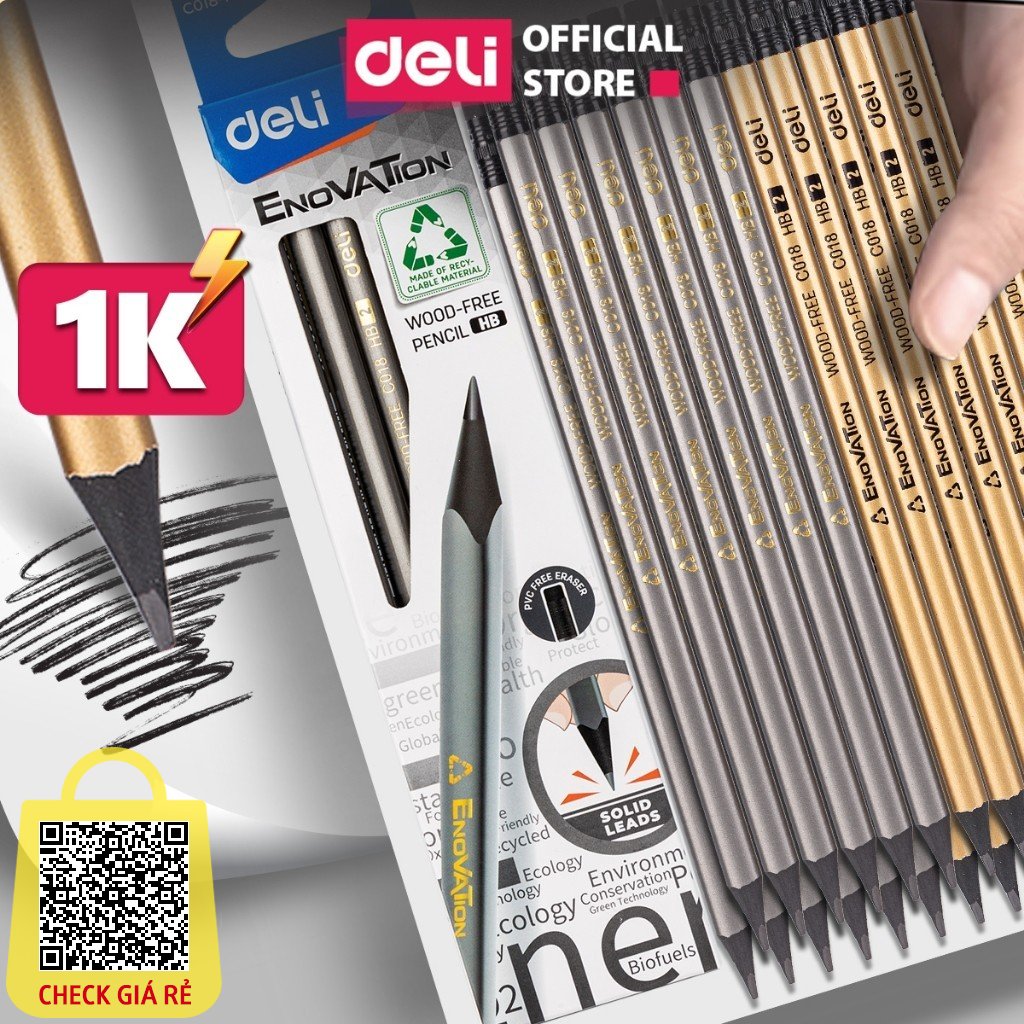 Bút Chì Gỗ 1K Tam Giác Deli Kèm Tẩy Xóa An Toàn Vẽ Mỹ Thuật Tập Viết Làm Bài Kiểm Tra Học Sinh Sinh Viên Trẻ Nhỏ