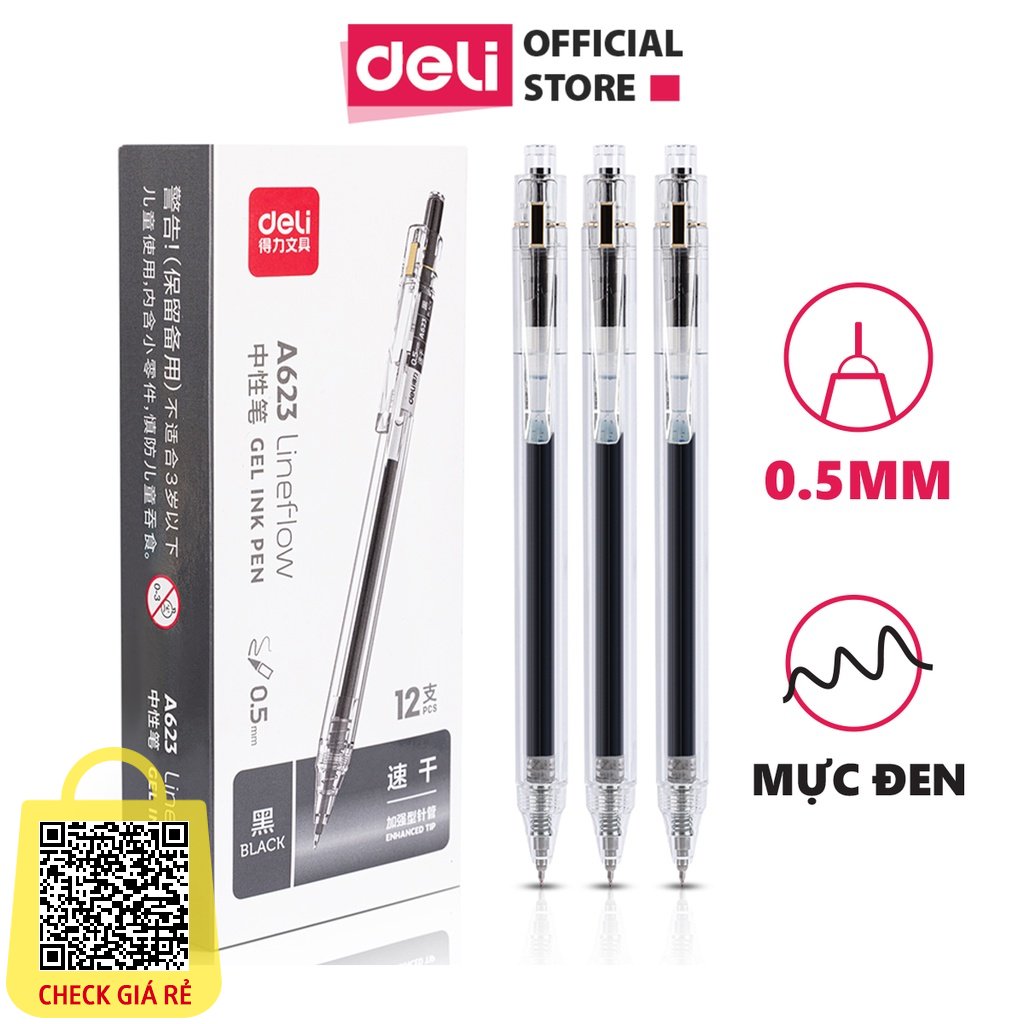 Bút Gel Học Sinh Ngòi 0.5 Mực Đen Nhanh Khô Thiết Kế Vỏ Trong Suốt có ngòi thay thế 1 chiếc