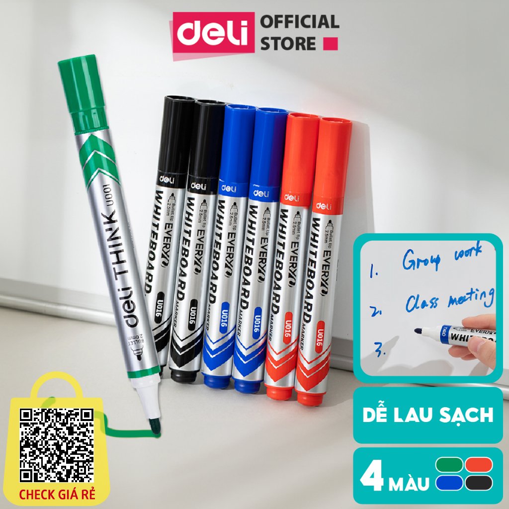 Bút Lông Viết Bảng Trắng Nhiều Màu Chính Hãng Deli - Ngòi 2-2.5mm - Nét Mượt - Dễ Lau - Có Mực Thay Thế EU016