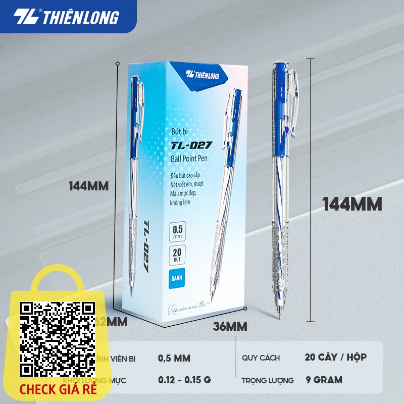 Combo 20 Bút bi Thiên Long TL-027 ngòi 0 - 5mm 4 màu Bút bi xanh/đỏ/đen/tím - bút viết học sinh