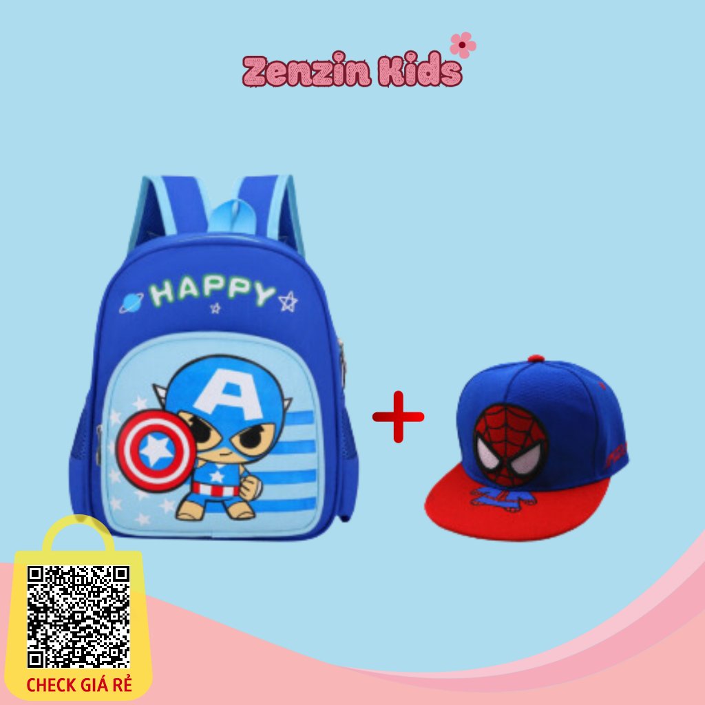 Combo Balo kèm mũ cho bé đi học mầm non hình siêu nhân nhện SPIDERMAN, cặp mẫu giáo chất vải chống thấm nước