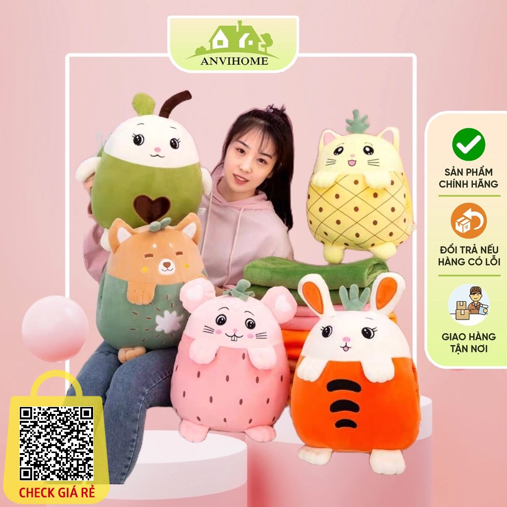 Gấu Bông Có Mền ANVIHOME Bộ chăn gối văn phòng Gối mền văn phòng hình Trái cây hoa quả biểu cảm cute