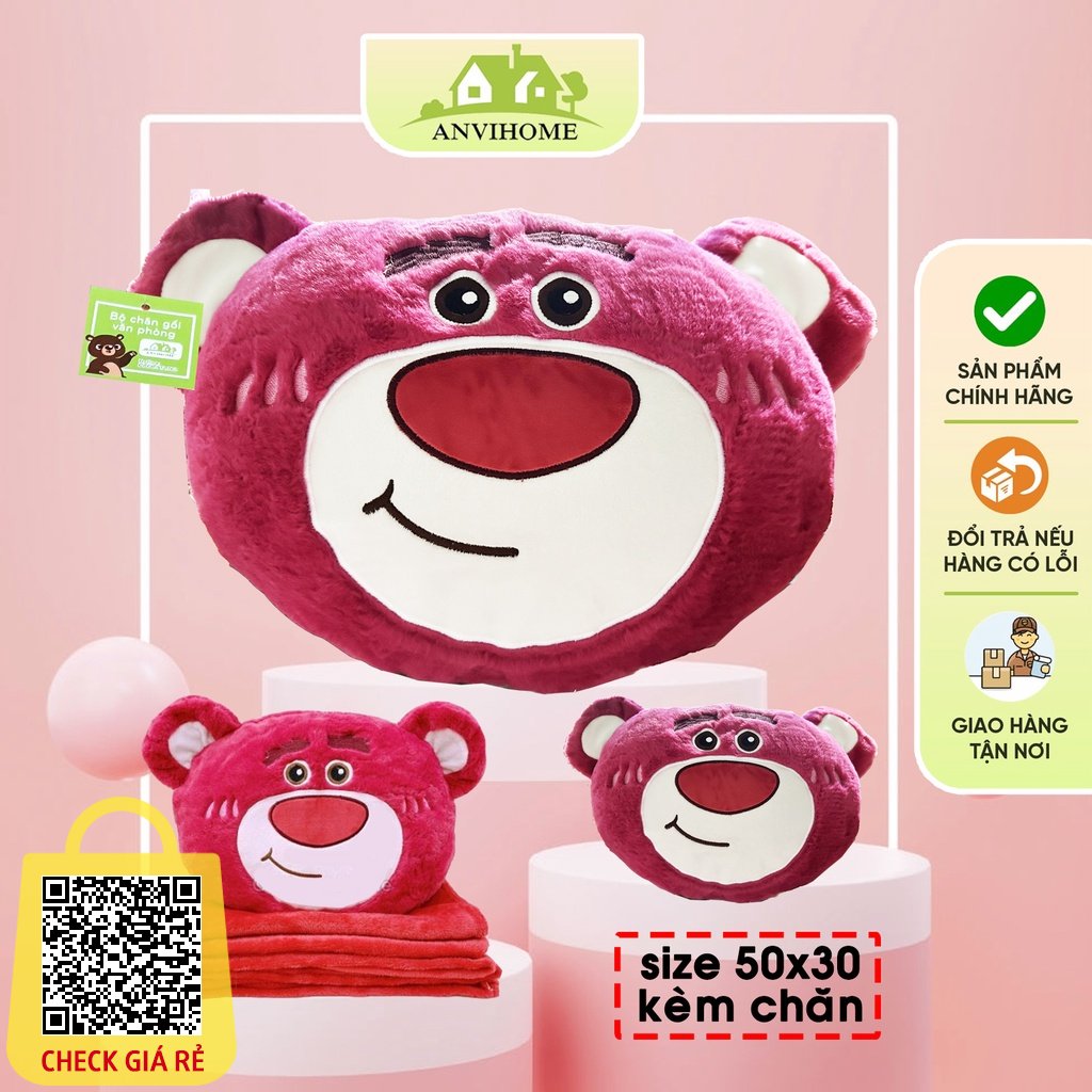 Gấu Kèm Chăn Hình Mặt Gấu Đỏ Lotso ANVIHOME - Bộ chăn văn phòng 2 trong 1 hình mặt thú siêu xinh